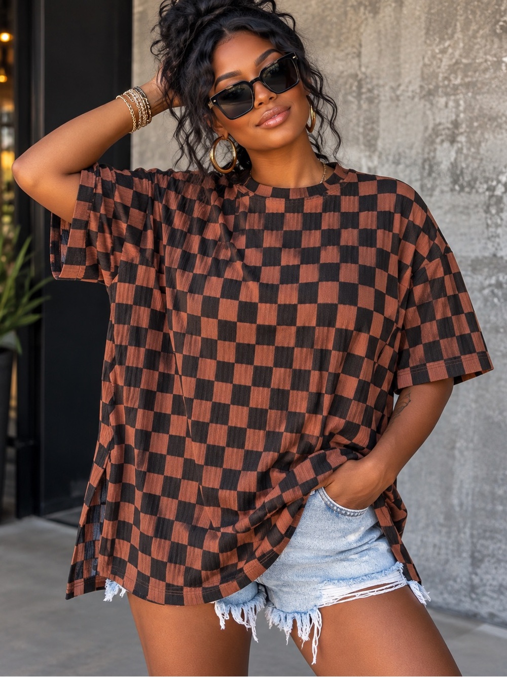 Dressed in LALA Malone Rib Oversize T-Shirt Checkerboard Small Made in USA